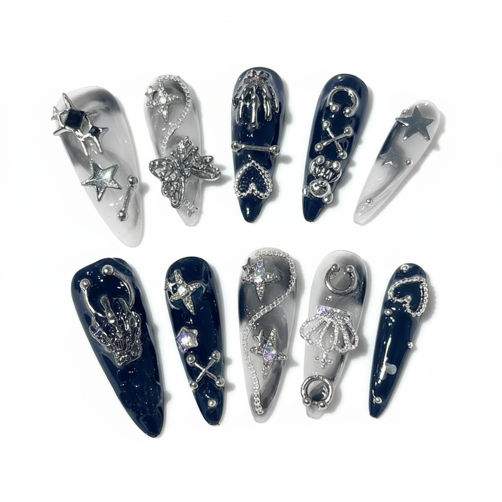 10Pcs Gothic Long Pointed Shape Pure Handmade Press On Nails Y2K Metal Chain Butterfly Knot Full Cover Fake Nails Gift Sticker