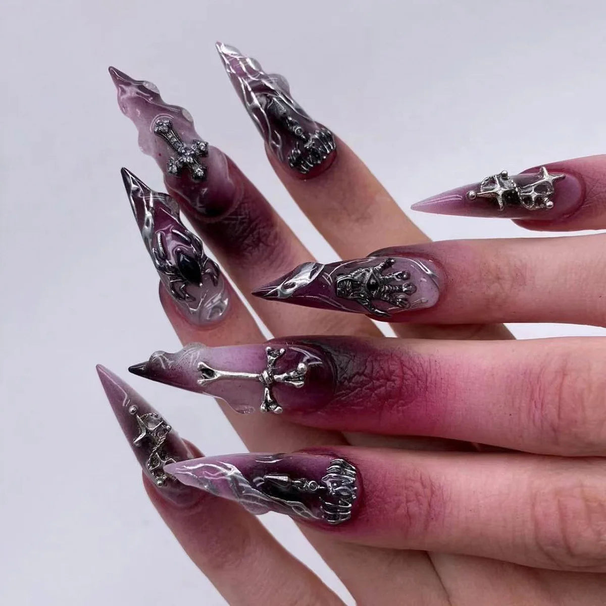 24pcs Long Almond Fake Nails Gothic Dark Black Style Press on Nails Full Cover Wearable European Heavy Metal False Nail Tips