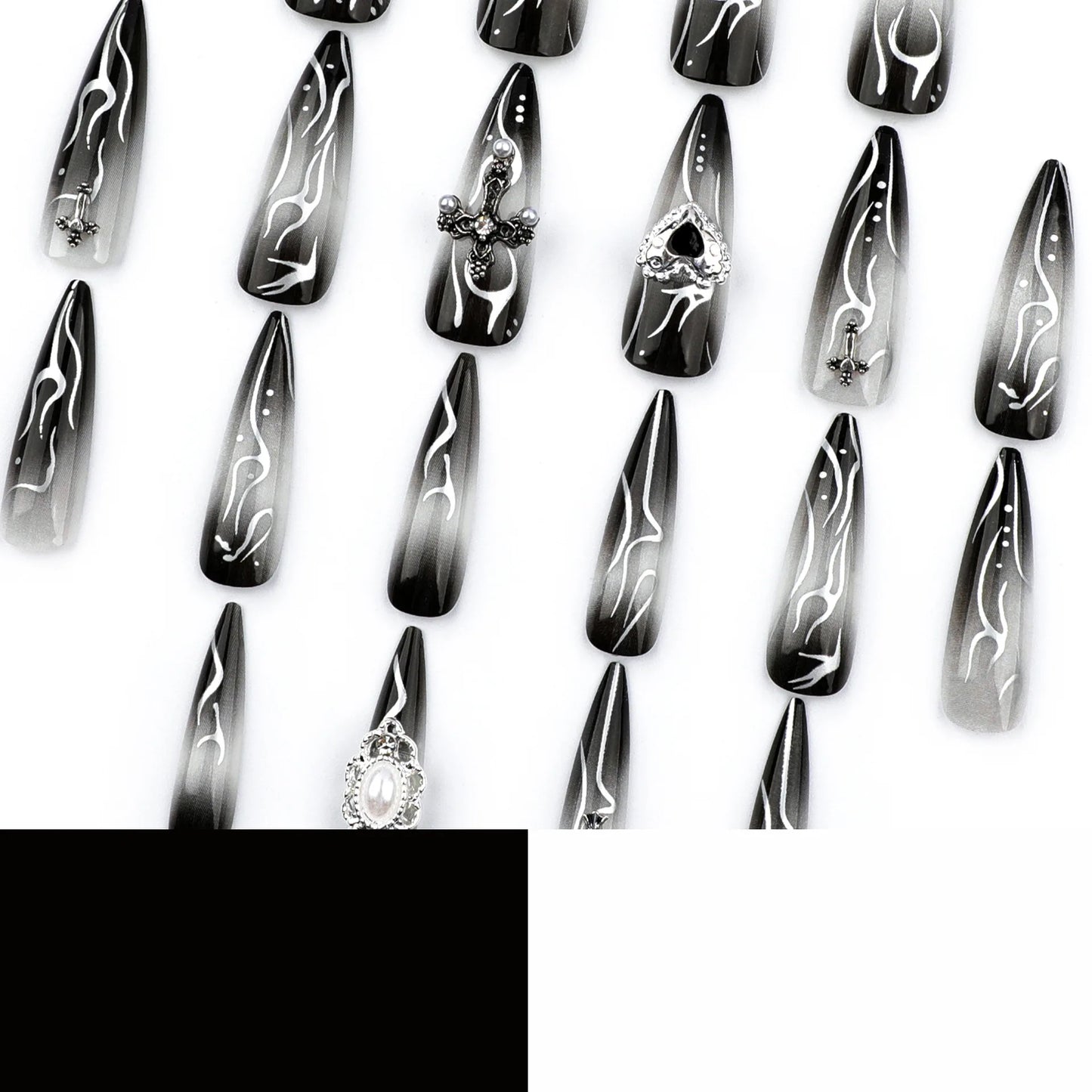24pcs Long Almond Fake Nails Gothic Dark Black Style Press on Nails Full Cover Wearable European Heavy Metal False Nail Tips