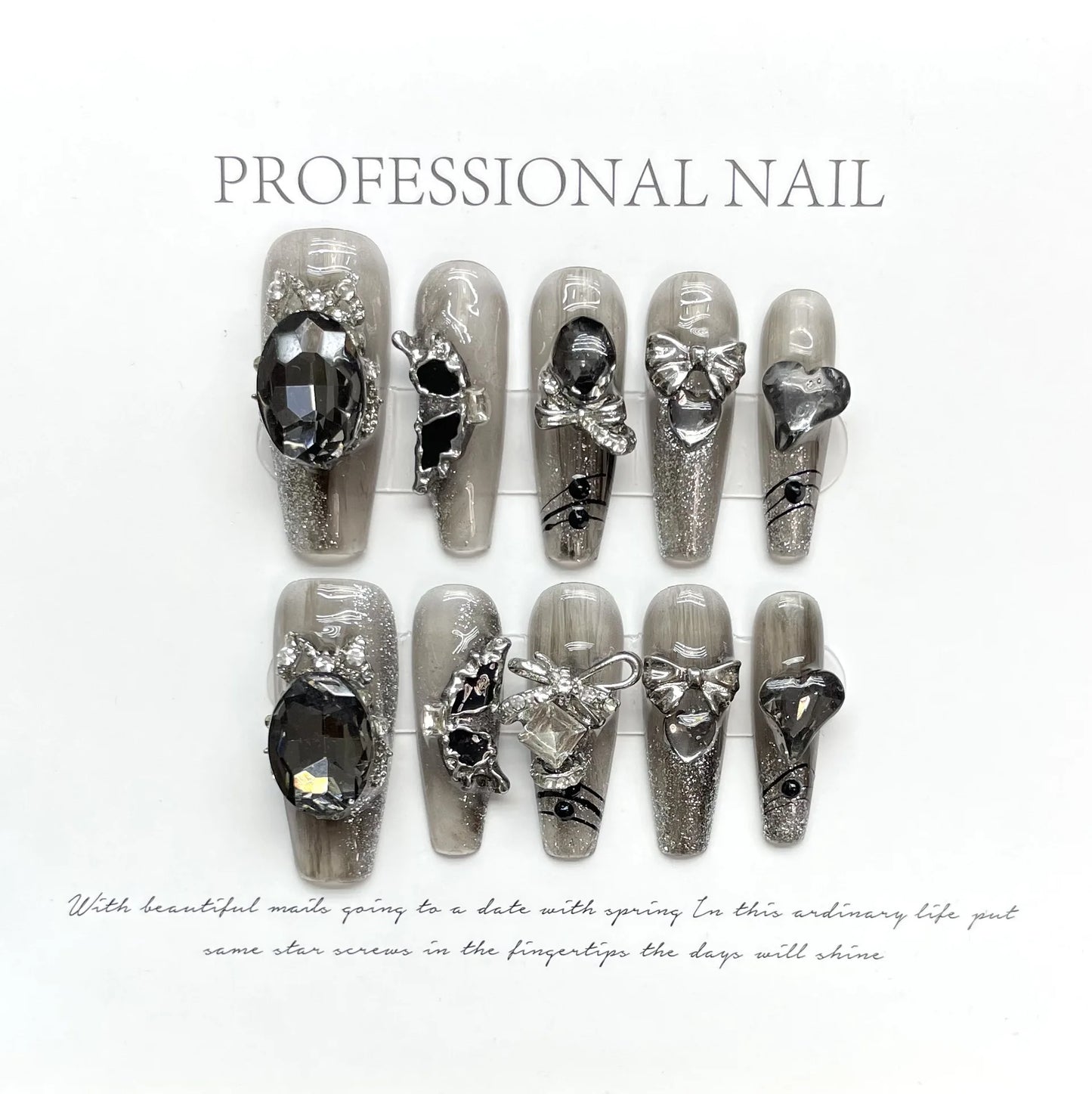 Handmade Punk Press on Nails Black Chain Tassel Fake Nails with Designs Glitter Diamond Bowknot Butterfly Girls Y2K False Nails