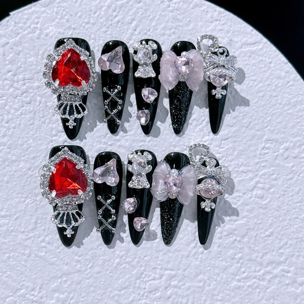 10Pcs Gothic Long Pointed Shape Pure Handmade Press On Nails Y2K Metal Chain Butterfly Knot Full Cover Fake Nails Gift Sticker