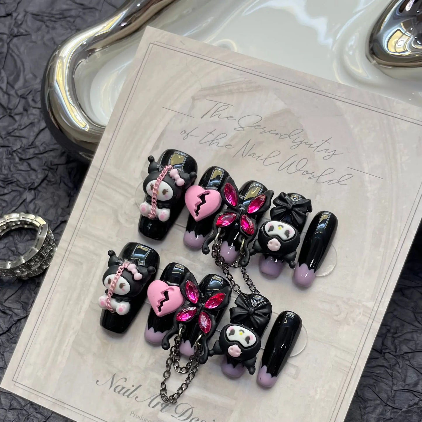 10pcs Y2k Handmade Press On Nails Purple French Style Black Mid-length T False Nails 3D Heart Cartoon Metal Chain Decor Manicure