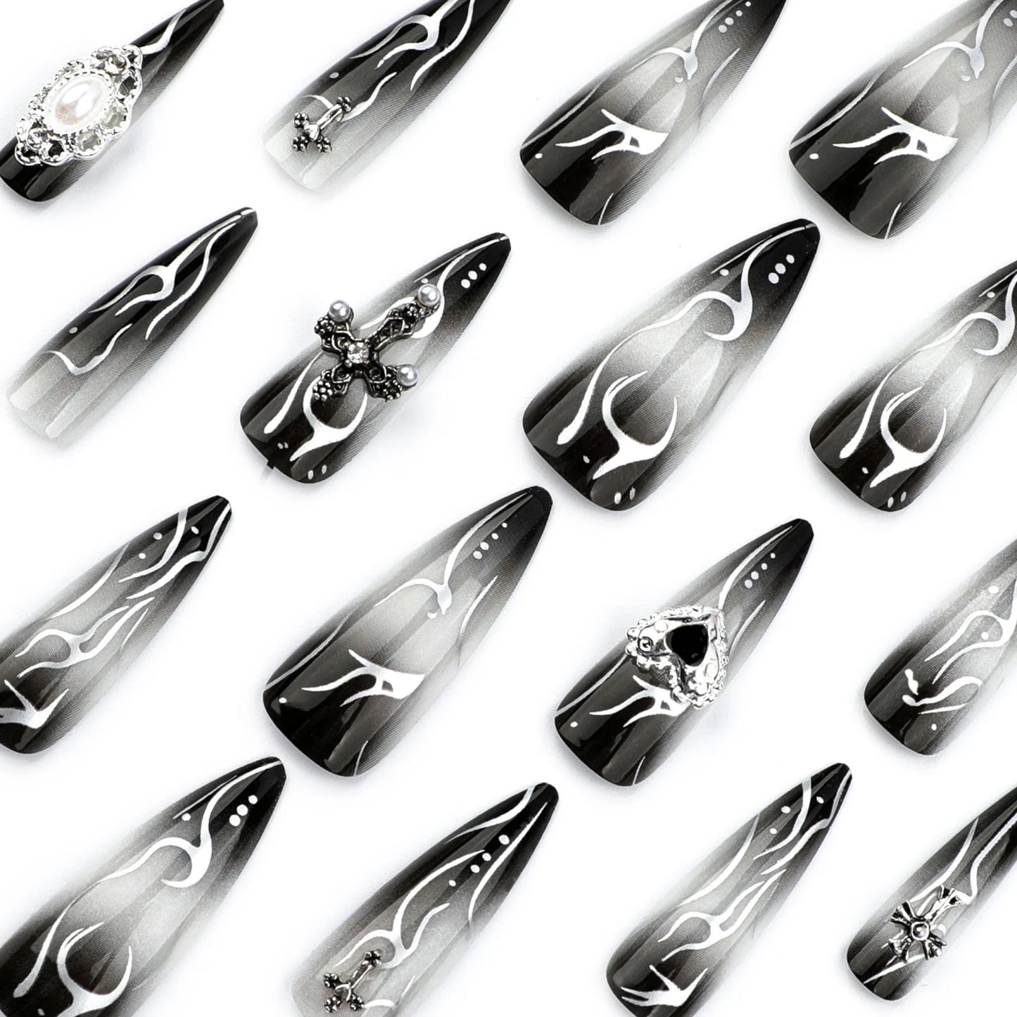24pcs Long Almond Fake Nails Gothic Dark Black Style Press on Nails Full Cover Wearable European Heavy Metal False Nail Tips