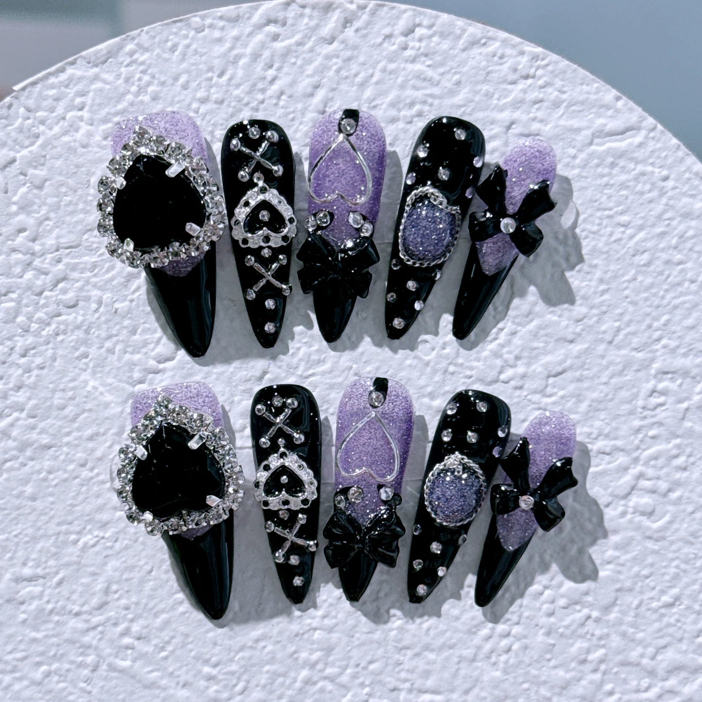 Long Stiletto Press on Fake Nails Blue Heart Diamond Bow Decoration False Nail Y2K Fashion Artificial Nail Handmade Acrylic Nail