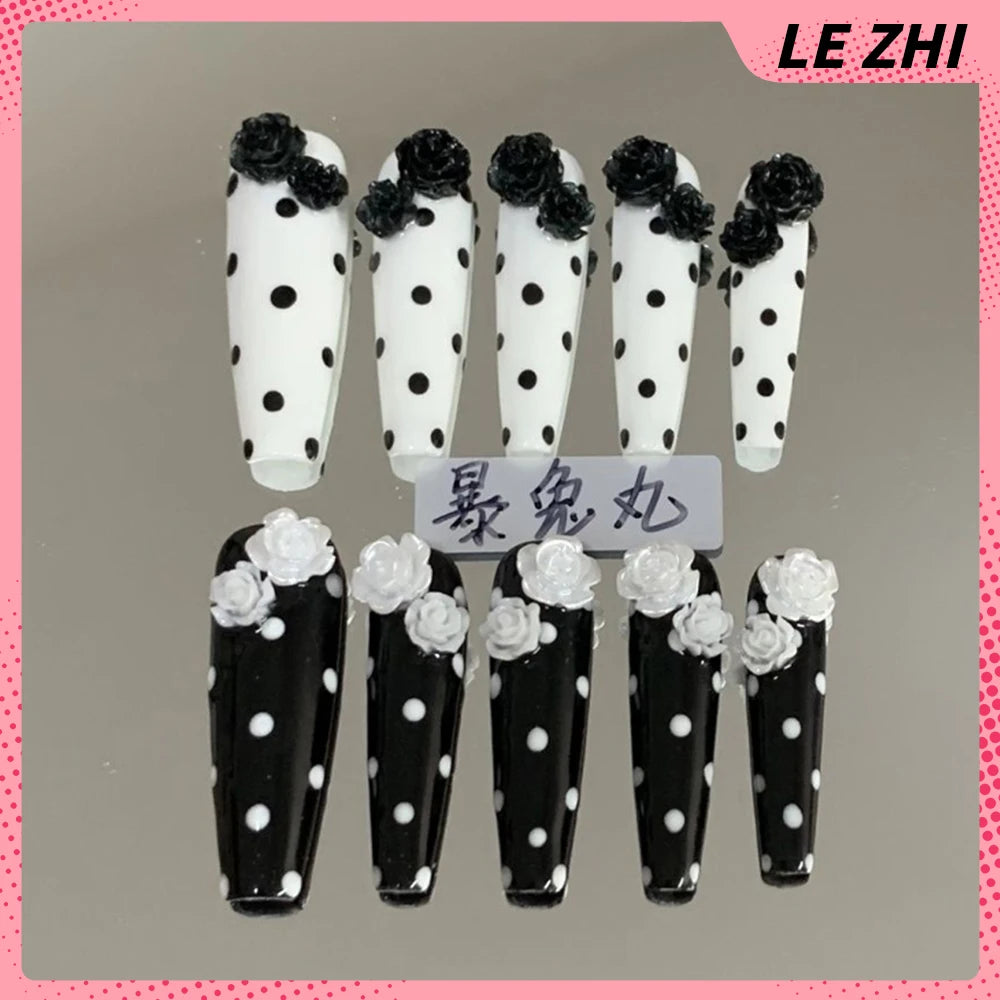 Y2K Punk Style Long Coffin Stiletto Handmade Fake Nails Spice Girls 3D Hello Kitty Flowers Heavy Metal Diamond Wearable Nails