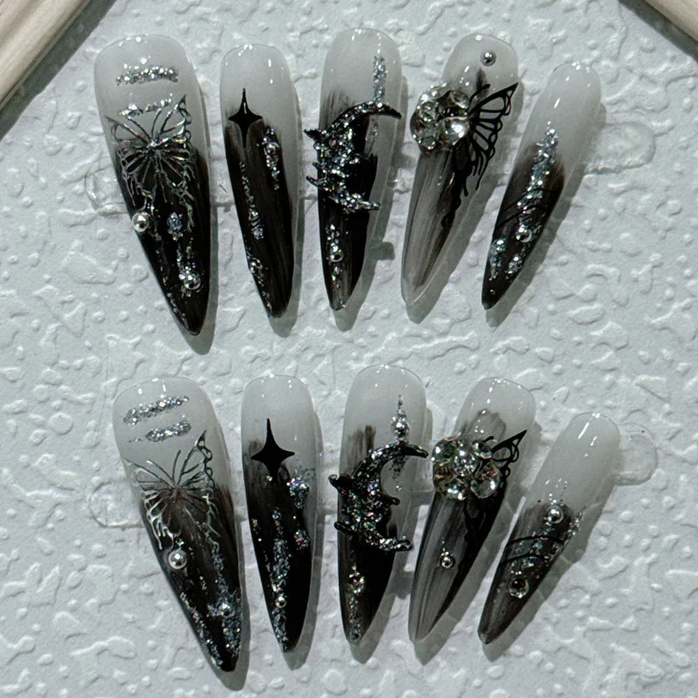 10Pcs Gothic Long Pointed Shape Pure Handmade Press On Nails Y2K Metal Chain Butterfly Knot Full Cover Fake Nails Gift Sticker