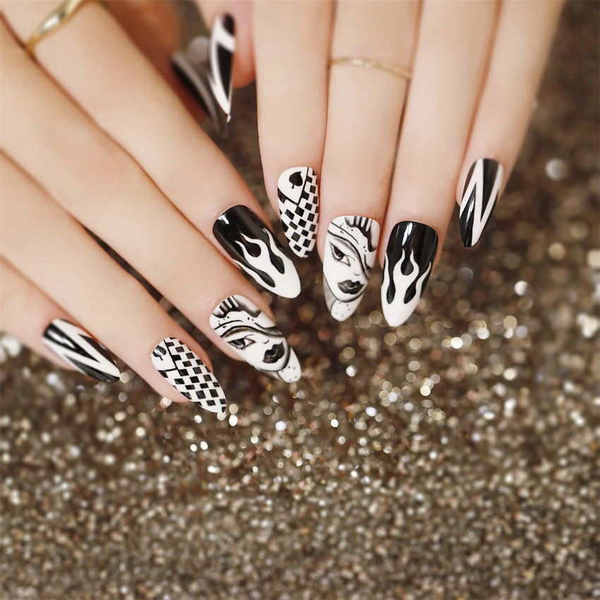 24Pcs/Set Dark Punk Skeleton Long Ballet Fake Nails Art Coffin Wearing Press on Nails False Artifical Acrylic Fake Nail Kits