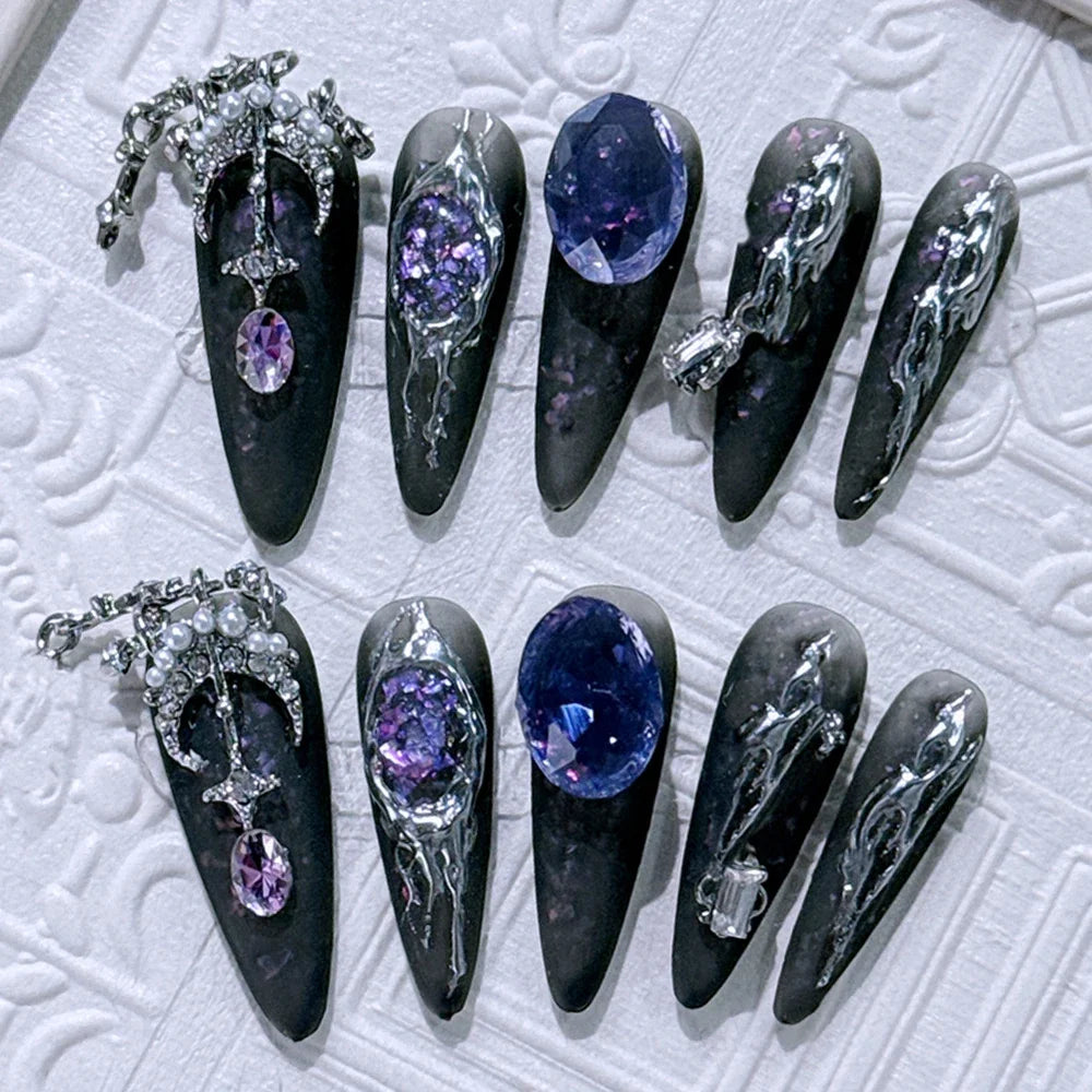 10Pcs Gothic Long Pointed Shape Pure Handmade Press On Nails Y2K Metal Chain Butterfly Knot Full Cover Fake Nails Gift Sticker
