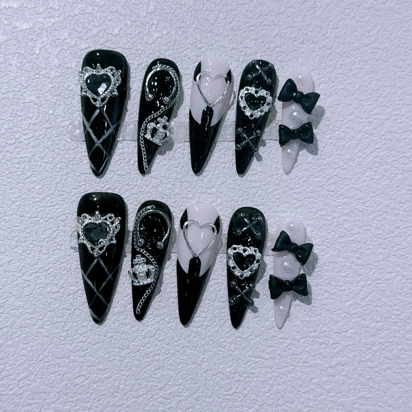Long Stiletto Press on Fake Nails Blue Heart Diamond Bow Decoration False Nail Y2K Fashion Artificial Nail Handmade Acrylic Nail