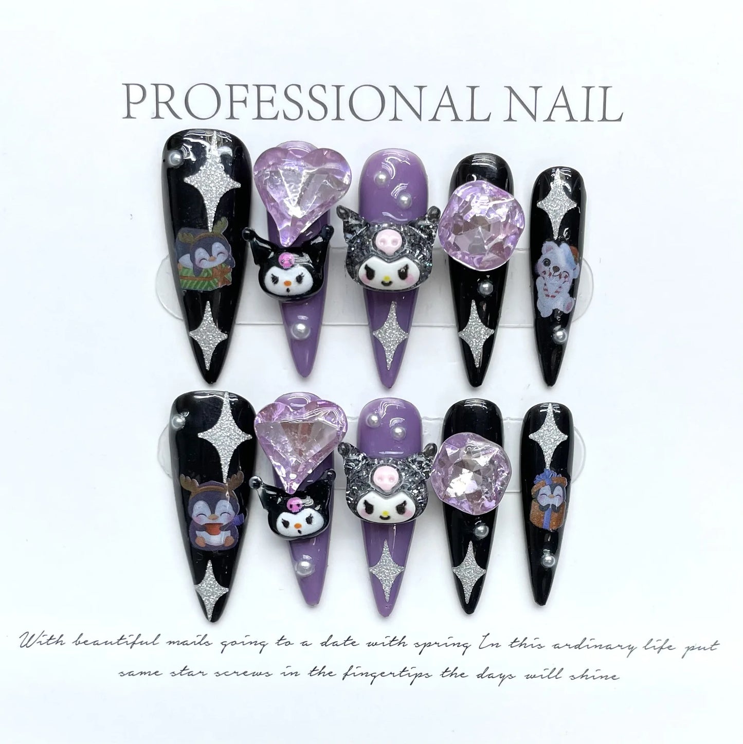 10pcs Y2k Handmade Press On Nails Purple French Style Black Mid-length T False Nails 3D Heart Cartoon Metal Chain Decor Manicure