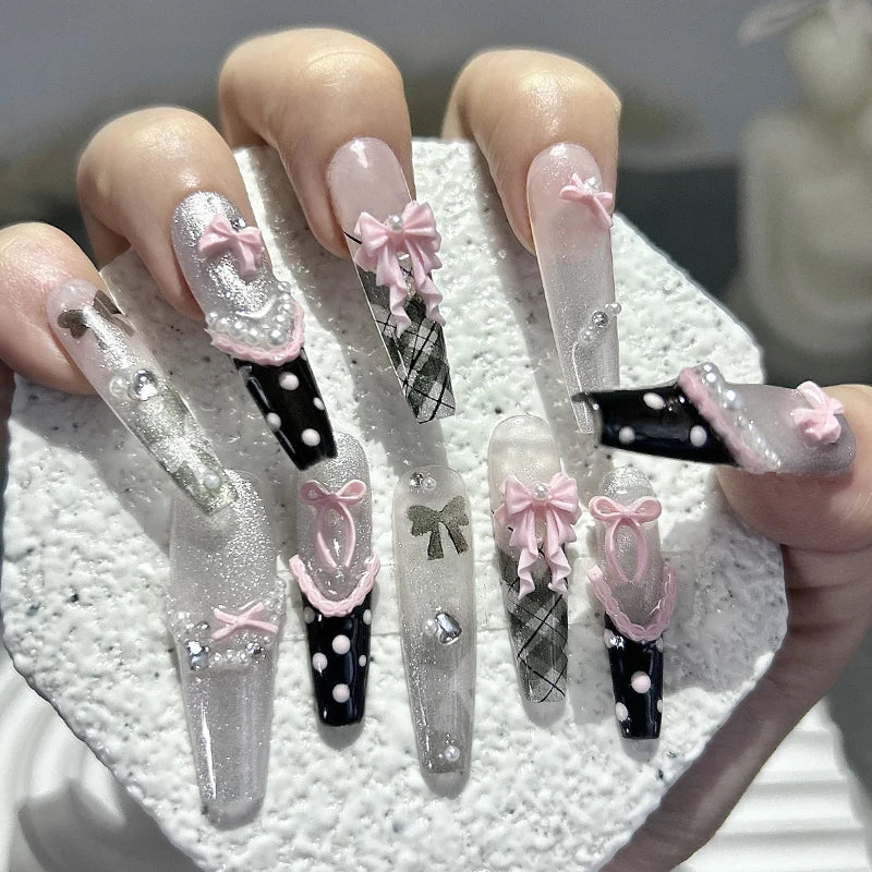 10PCS Y2K Black Pink French Handmade Press On Nails Cute Lace Ribbon Polka Dot Bow Long Nail Art Sweet Edgy Glitter Fake Nails