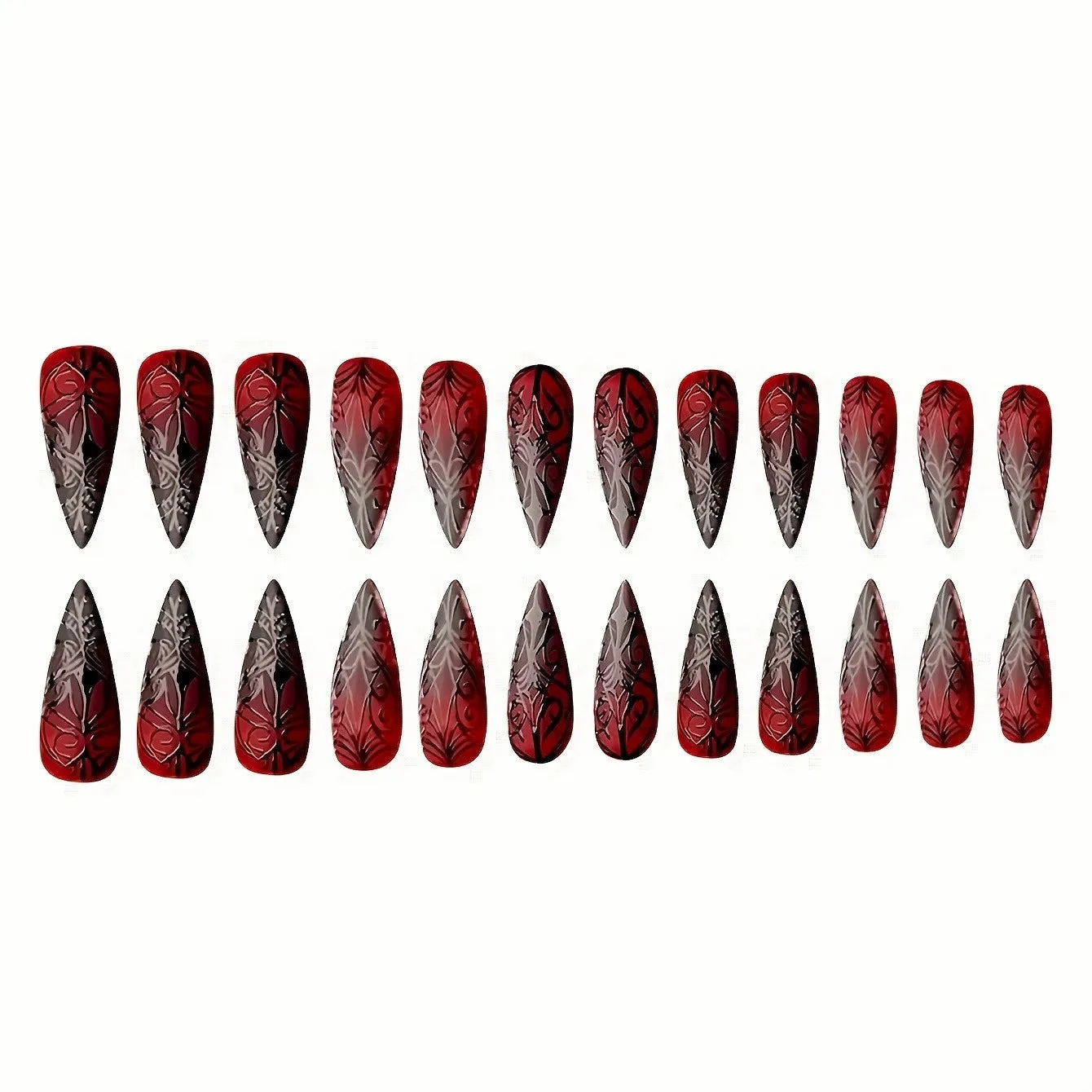 24pcs Red Black Gradient Gothic Fake Nails Press on Nails Long Almond Tree Stripes Designs Ins Punk Frosted False Nails Stiletto
