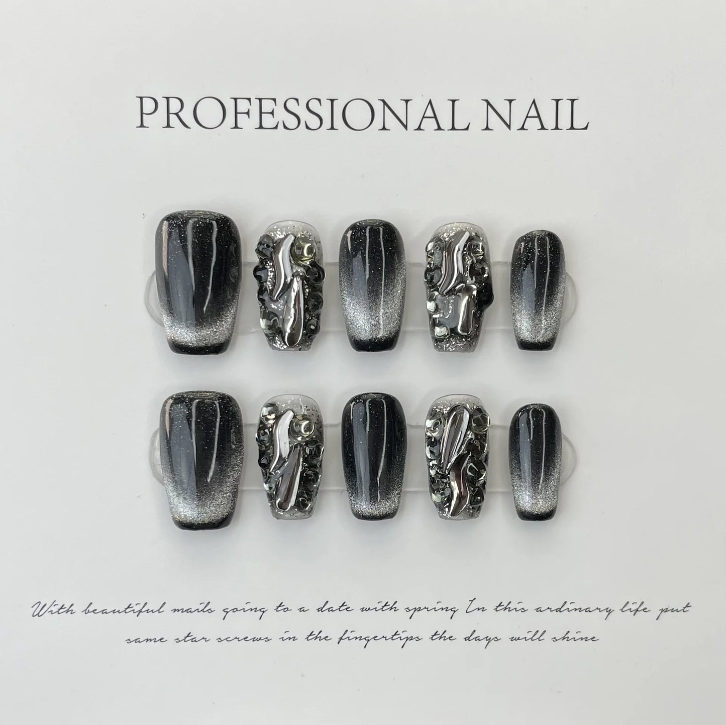 10Pcs Black Fake Handmade Nails with Rhinestone Y2K Cat's Eye French Full Cover Nail Art Tips Short Ballet Press on False Nails