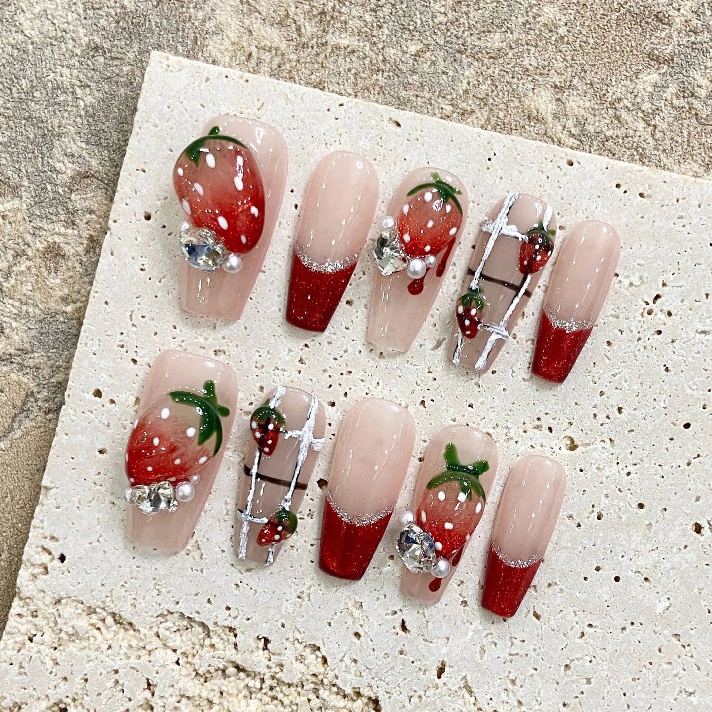 10pcs Handmade Pink Black Heart False Nails With 3D Bows Decor Y2k Press On Nails Long Ballerina Coffin Fake Nails For Hot Girl