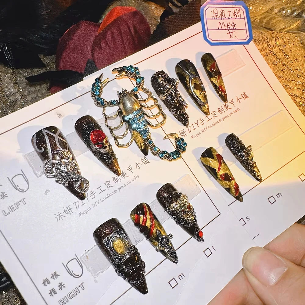 10Pcs High Quality Handmade Press on Nails Extra longue Dragon Magique Heavy Work Power Game Goth Noir Niche Hottie Personnalité