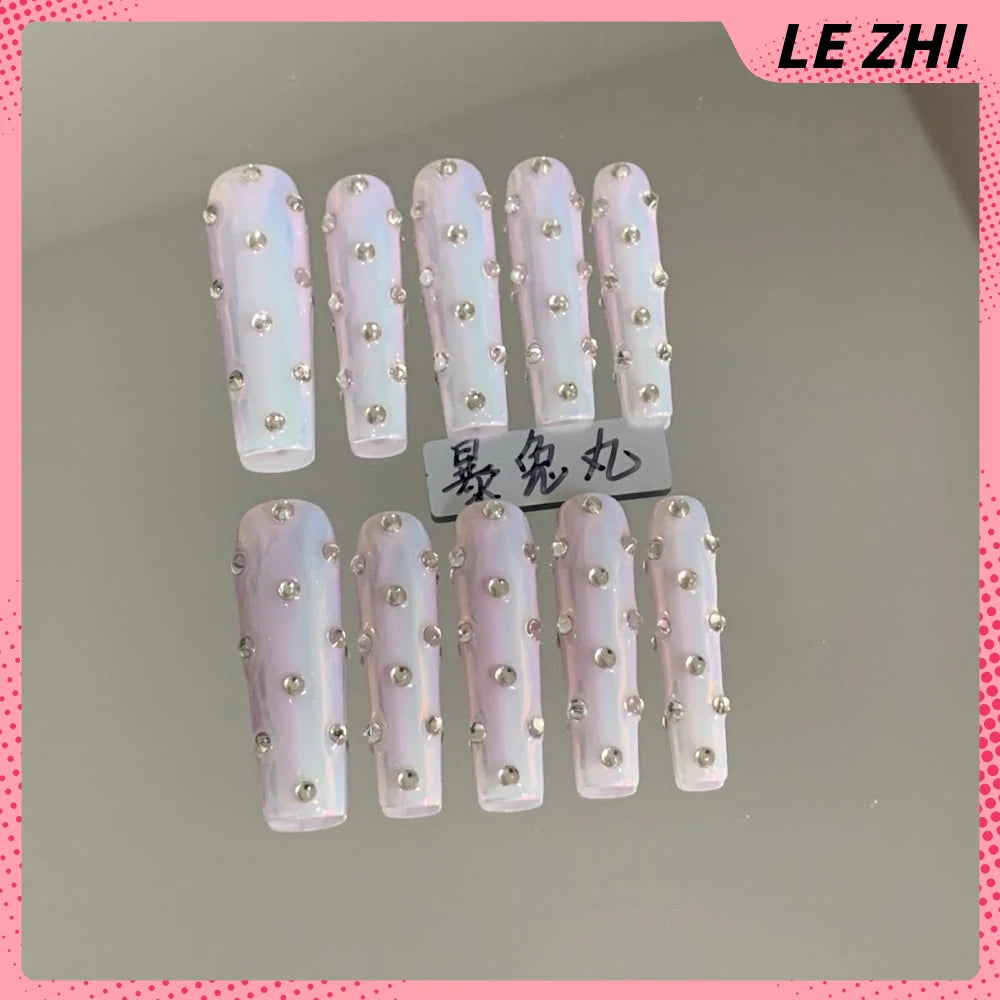 Y2K Punk Style Long Coffin Stiletto Handmade Fake Nails Spice Girls 3D Hello Kitty Flowers Heavy Metal Diamond Wearable Nails