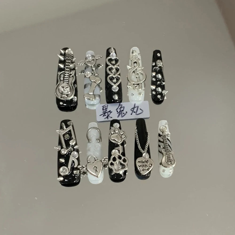 Y2K Punk Style Long Coffin Stiletto Handmade Fake Nails Spice Girls 3D Hello Kitty Flowers Heavy Metal Diamond Wearable Nails
