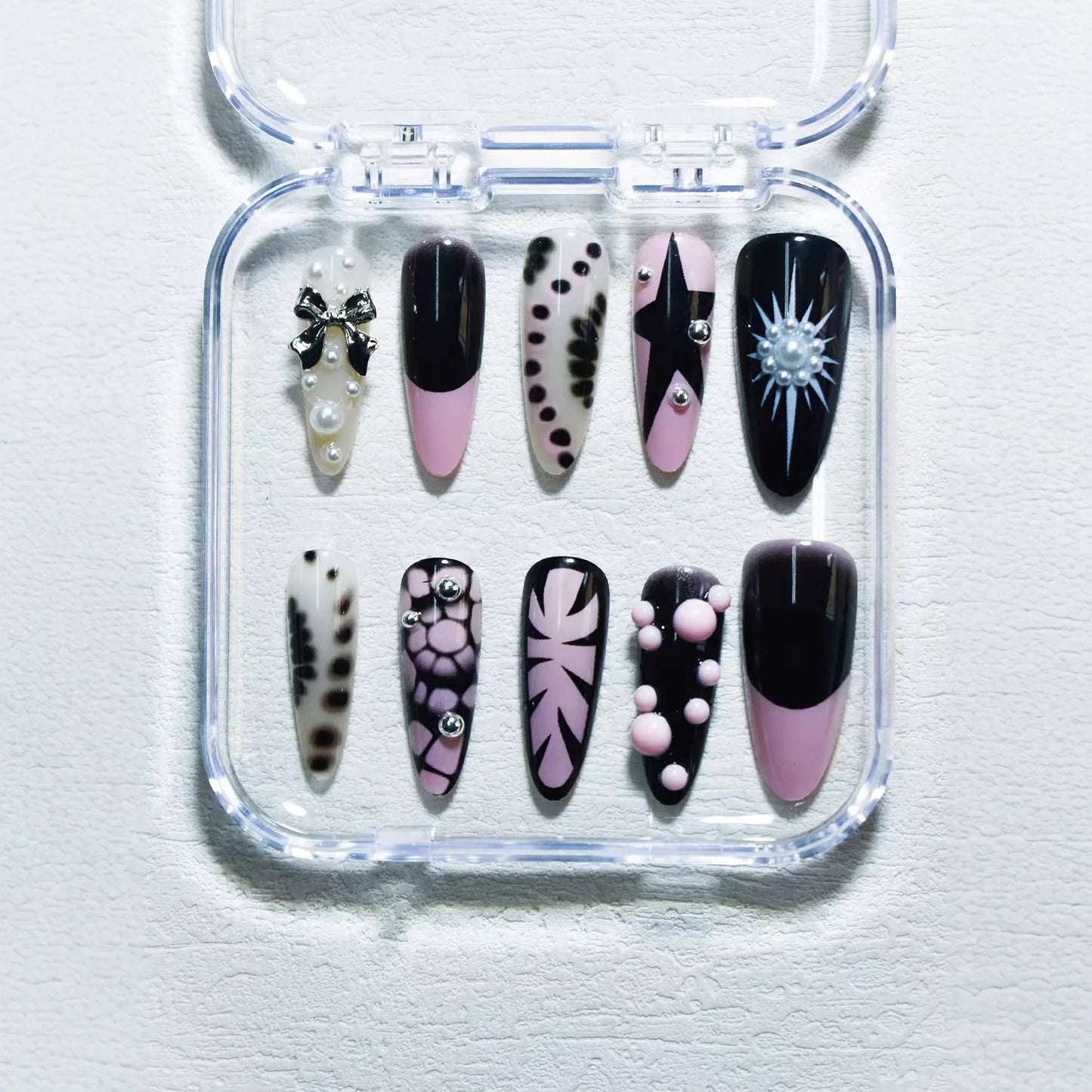 10pcs Sweet Cool Pink Black Press on Nails Handmade Leopard Print Fake Nails for Women Wearable European Gothic Punk False Nails