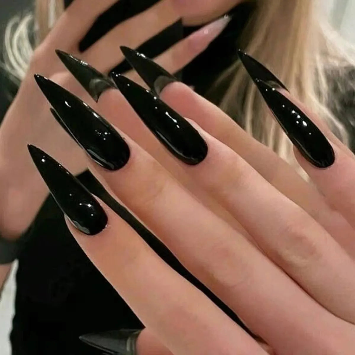 24pcs Punk Metal Fake Nails Press On Finished Long Pointed Silver Mirror y2k Nail Tips Full Cover Stiletto False Nails For Girl
