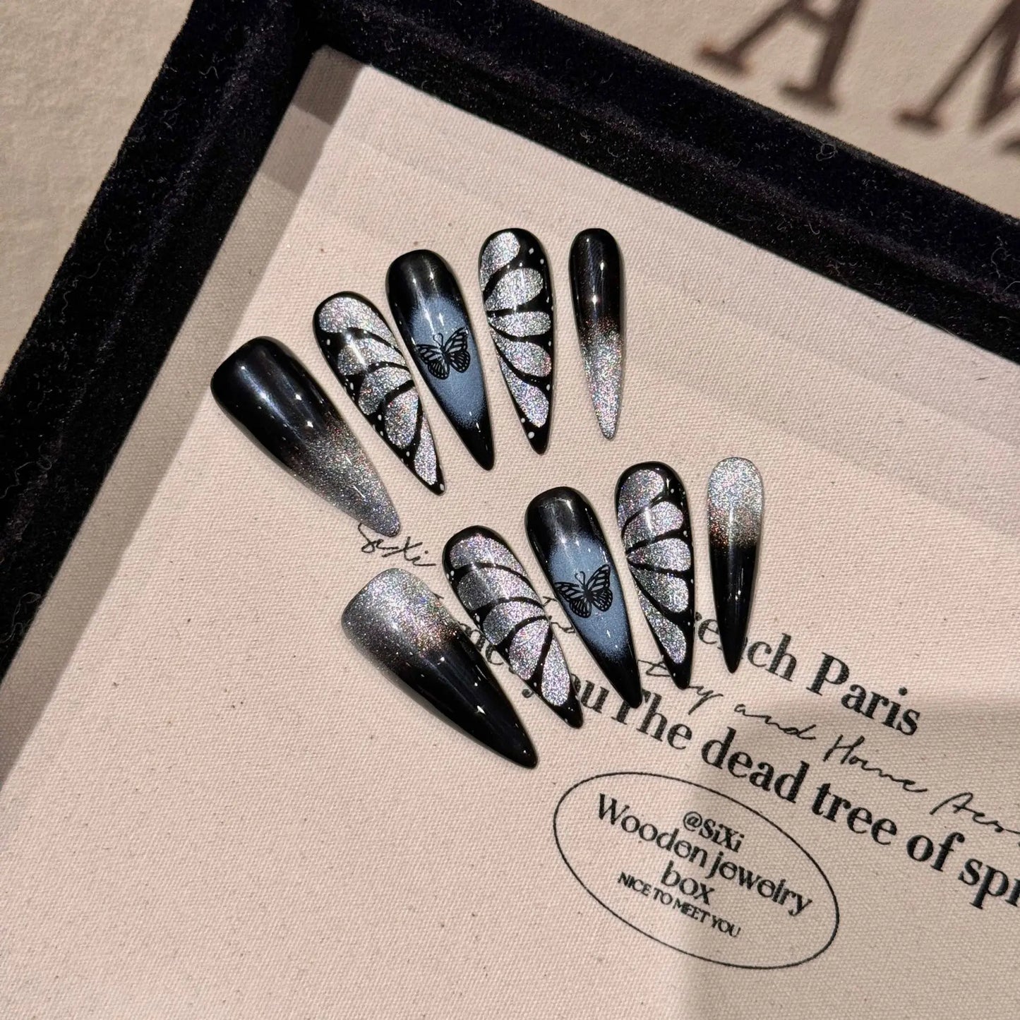 10pcs Y2k Long Stiletto False Nail Tips Gradient Black Metal Heart Cross Decor Handmade Press On Nails Sweet Cool DIY Manicure