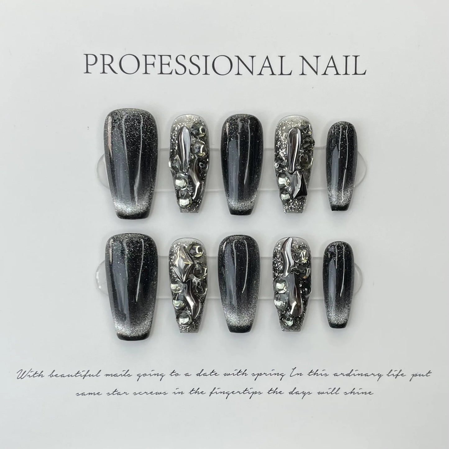 10Pcs Black Fake Handmade Nails with Rhinestone Y2K Cat's Eye French Full Cover Nail Art Tips Short Ballet Press on False Nails