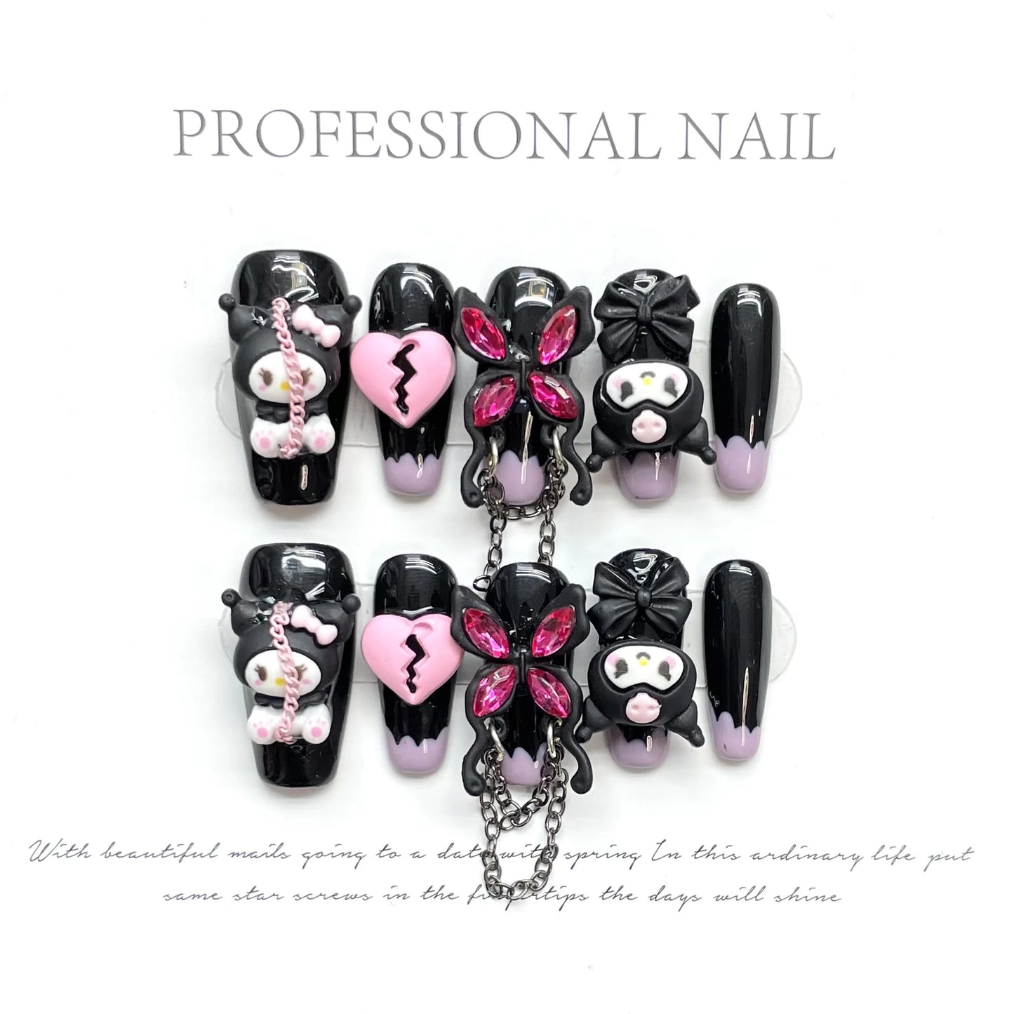 10pcs Y2k Handmade Press On Nails Purple French Style Black Mid-length T False Nails 3D Heart Cartoon Metal Chain Decor Manicure