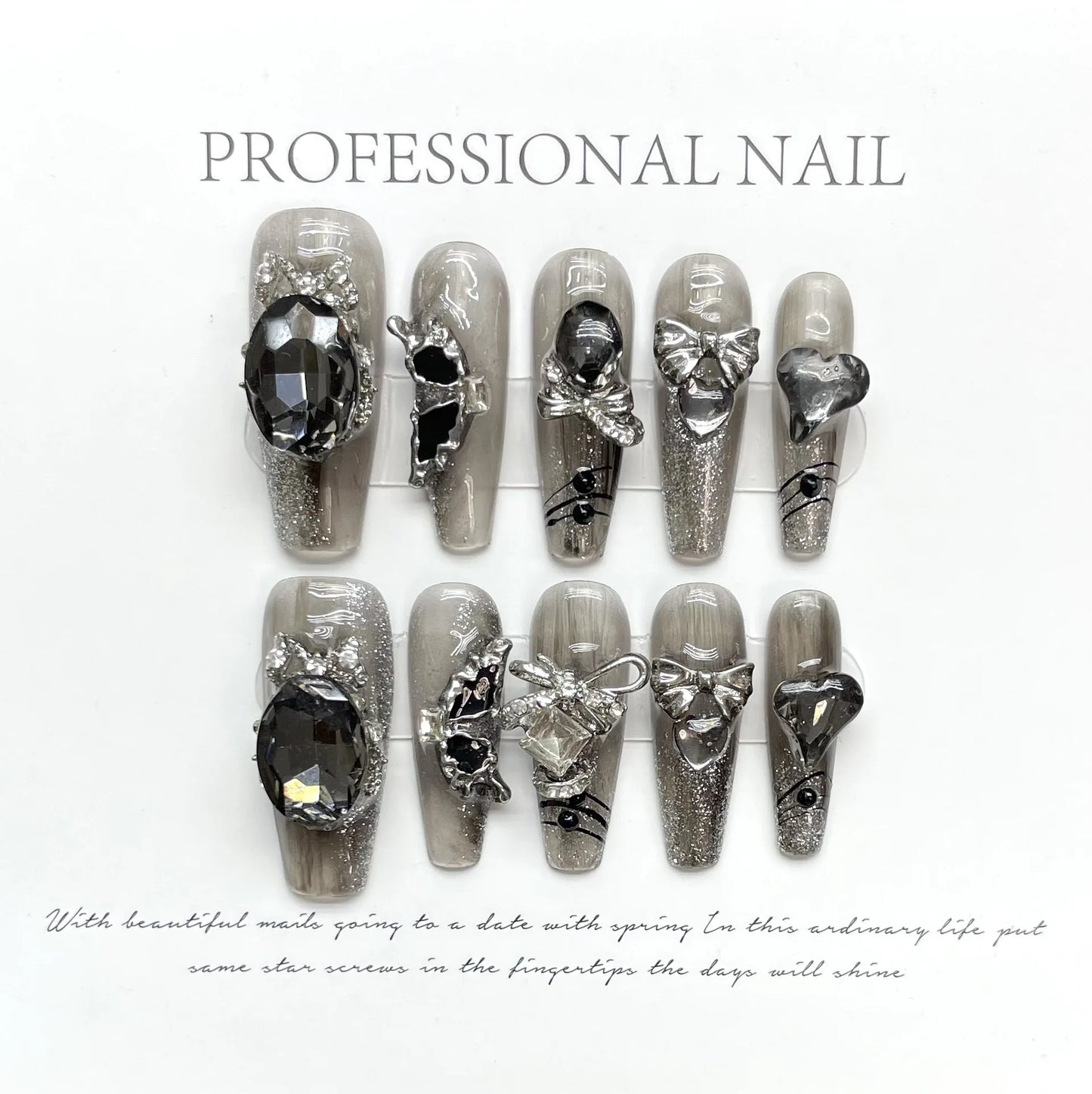Handmade Punk Press on Nails Black Chain Tassel Fake Nails with Designs Glitter Diamond Bowknot Butterfly Girls Y2K False Nails