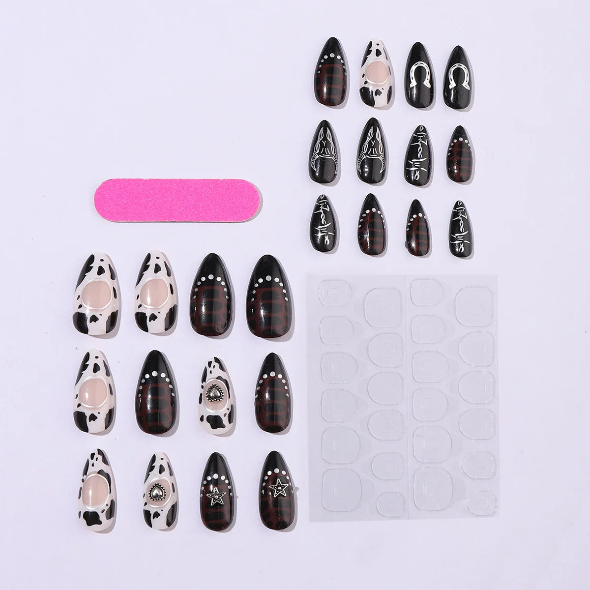 24pcs Gothic Punk Press on Nails Black White Cow Print Baroque Fake Nails for Women Girls Wearable French Almond False Nails