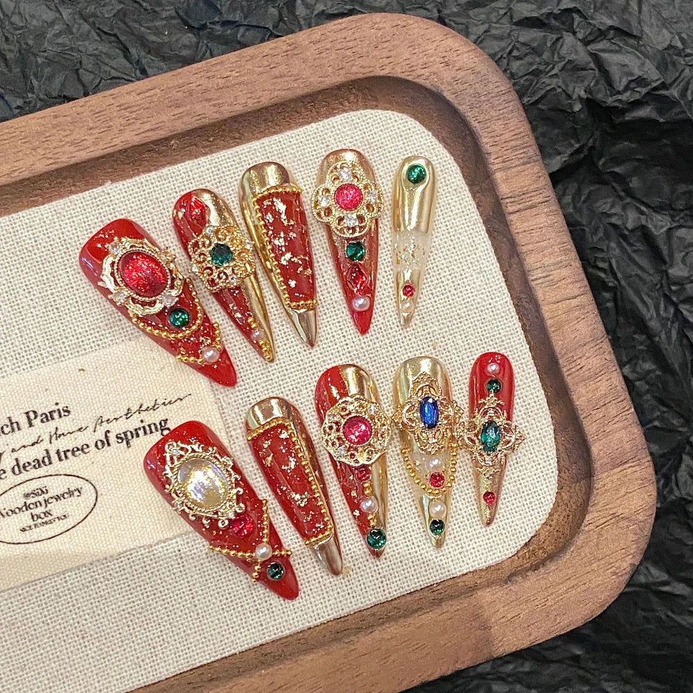 10Pcs High Quality Handmade Press on Nails Suppressing Demons Color Collision Heavy Industry Golden 3D Cross Luxurious Dark Real