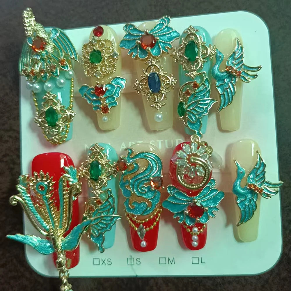 10Pcs High Quality Handmade Press on Nails Suppressing Demons Color Collision Heavy Industry Golden 3D Cross Luxurious Dark Real
