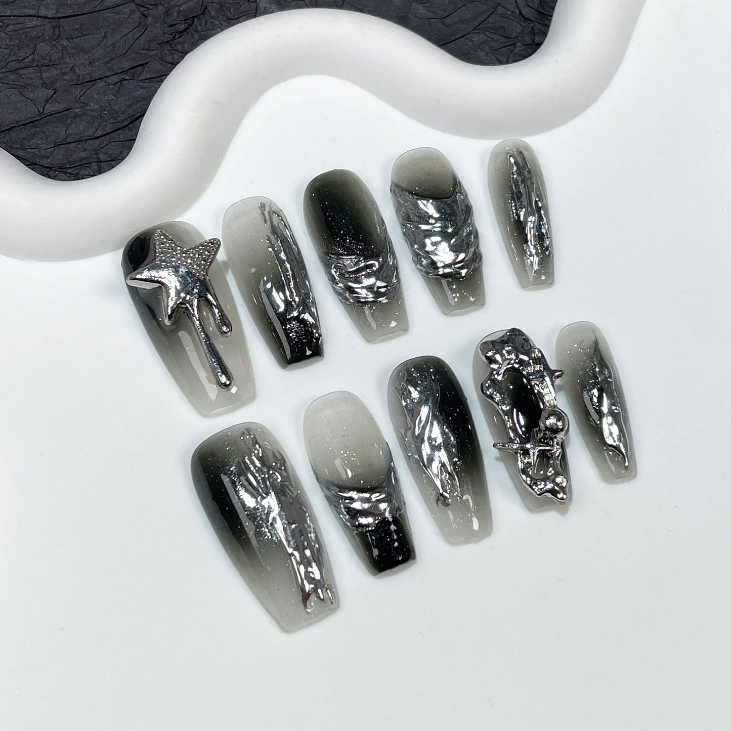 Handmade Punk Press on Nails Black Chain Tassel Fake Nails with Designs Glitter Diamond Bowknot Butterfly Girls Y2K False Nails