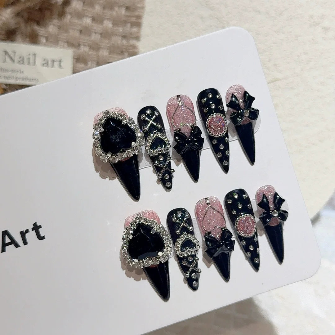 Long Stiletto Press on Fake Nails Blue Heart Diamond Bow Decoration False Nail Y2K Fashion Artificial Nail Handmade Acrylic Nail