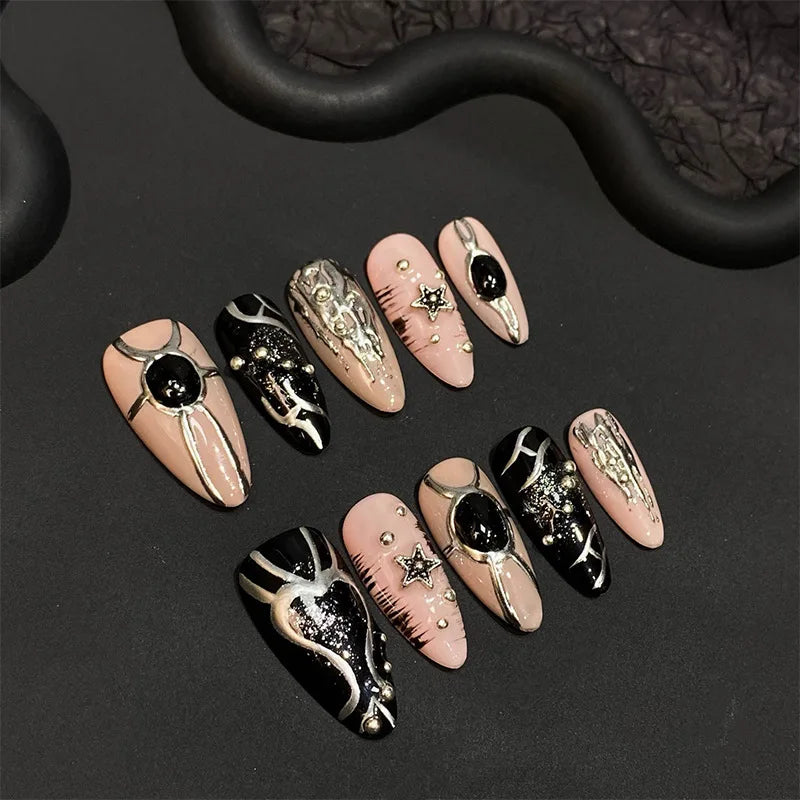 10pcs Handmade Black Irregular Mirror Powder Fake Nails Sweet Cool Spicy Girl False Nails Wearable Almond Press on Nails