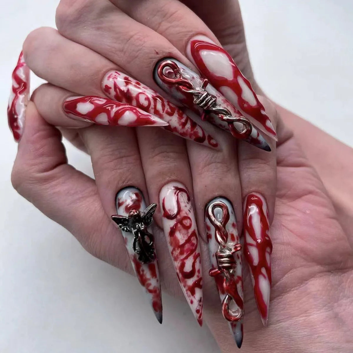 24pcs Long Almond Fake Nails Gothic Dark Black Style Press on Nails Full Cover Wearable European Heavy Metal False Nail Tips