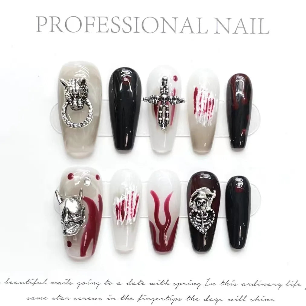 10pcs Punk Style Handmade Fake Nails Y2k Black Sliver Metal Chain Decors Press On Nails Medium Coffin Detachable Manicure Art