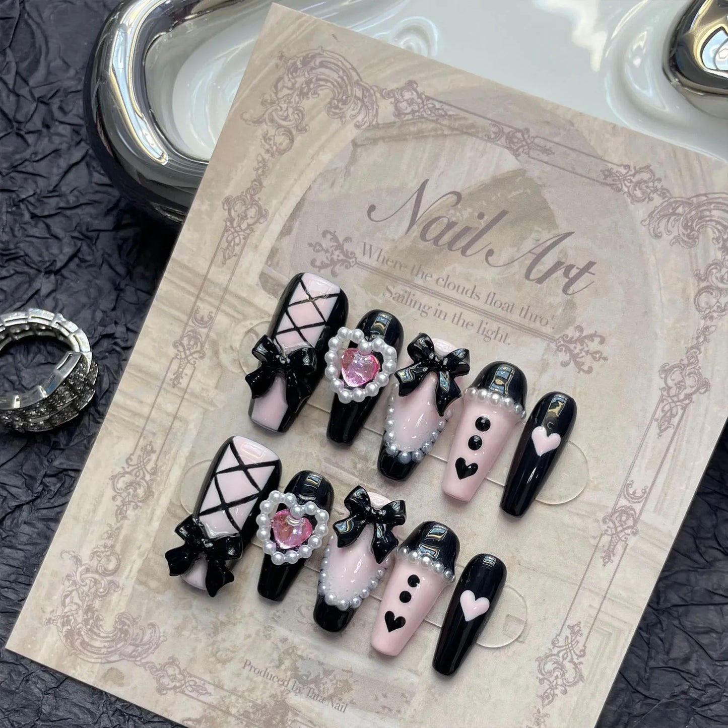 10pcs Handmade Pink Black Heart False Nails With 3D Bows Decor Y2k Press On Nails Long Ballerina Coffin Fake Nails For Hot Girl