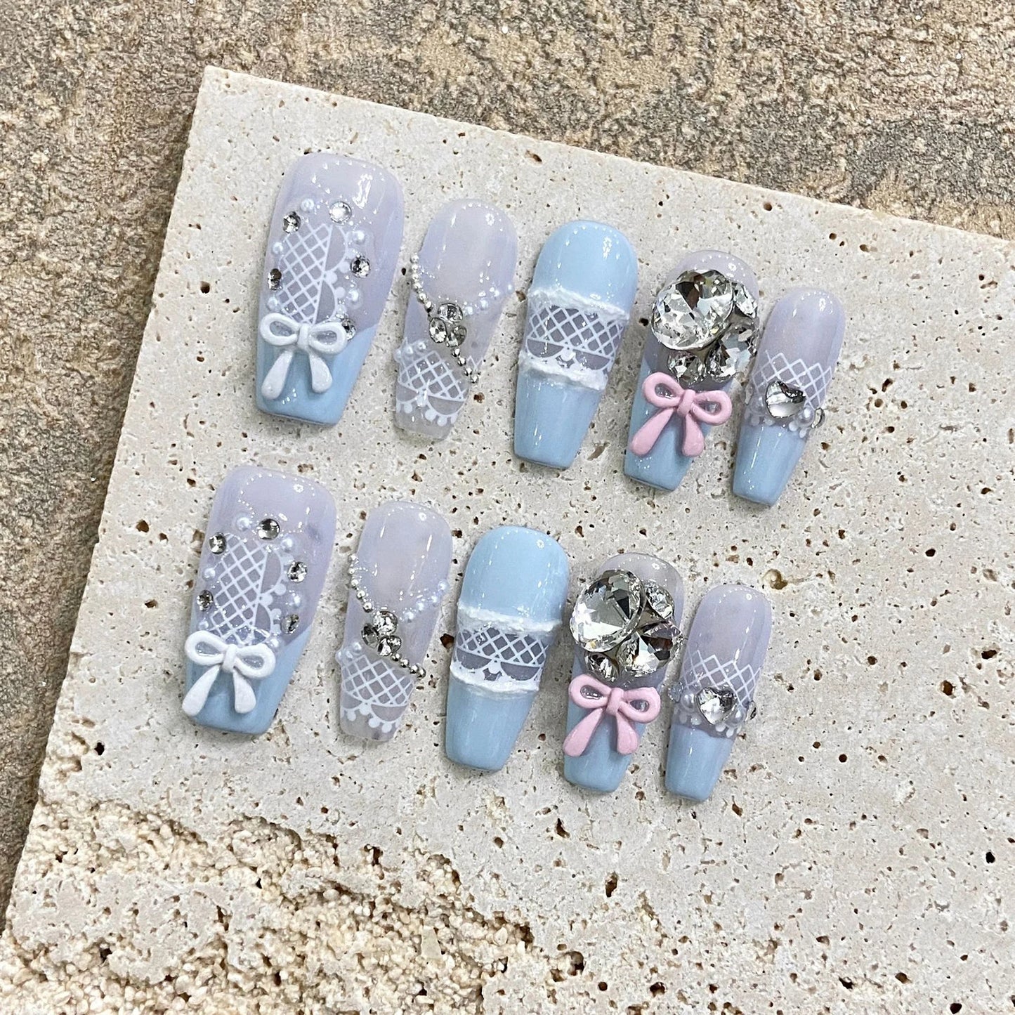 10pcs Handmade Pink Black Heart False Nails With 3D Bows Decor Y2k Press On Nails Long Ballerina Coffin Fake Nails For Hot Girl