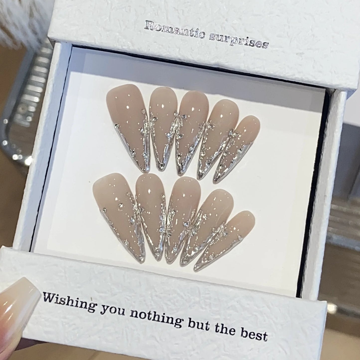 Long Stiletto Press on Fake Nails Blue Heart Diamond Bow Decoration False Nail Y2K Fashion Artificial Nail Handmade Acrylic Nail