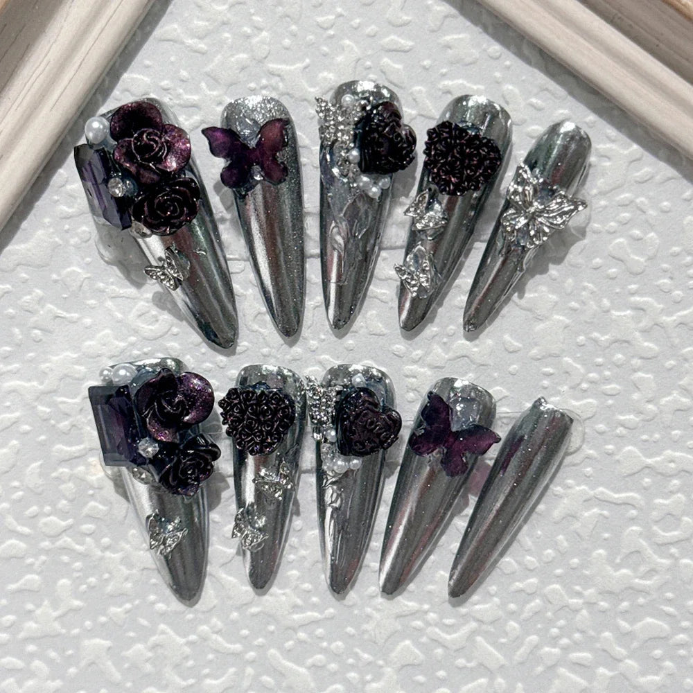 10Pcs Gothic Long Pointed Shape Pure Handmade Press On Nails Y2K Metal Chain Butterfly Knot Full Cover Fake Nails Gift Sticker