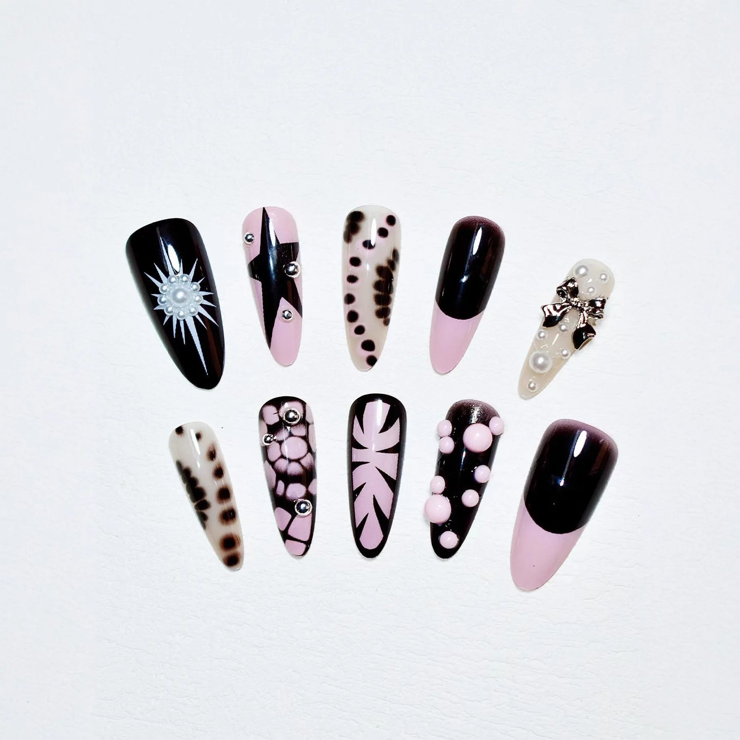 10pcs Sweet Cool Pink Black Press on Nails Handmade Leopard Print Fake Nails for Women Wearable European Gothic Punk False Nails