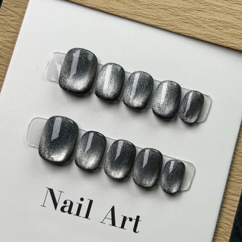 10Pcs Black Handmade Press on Nails Glitter Cat Eye with Star Design Short Full Cover Acrylic Fake Nails Tips for Women&Girls