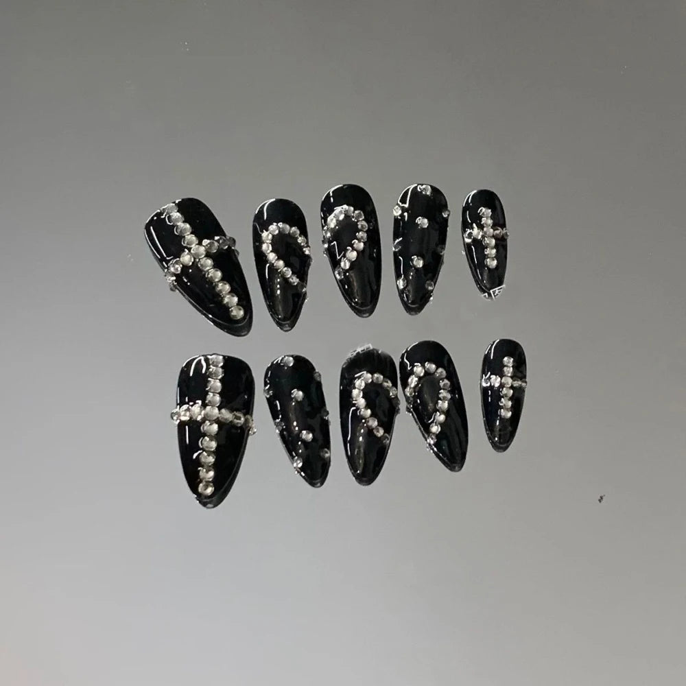Y2K Punk Style Long Coffin Stiletto Handmade Fake Nails Spice Girls 3D Hello Kitty Flowers Heavy Metal Diamond Wearable Nails