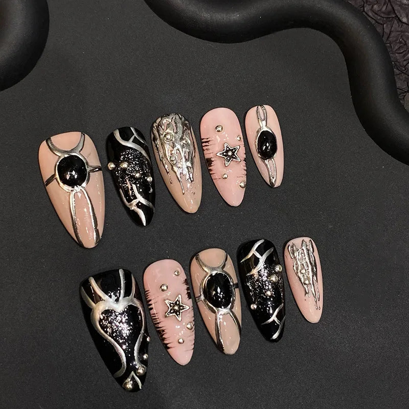 10pcs Handmade Black Irregular Mirror Powder Fake Nails Sweet Cool Spicy Girl False Nails Wearable Almond Press on Nails