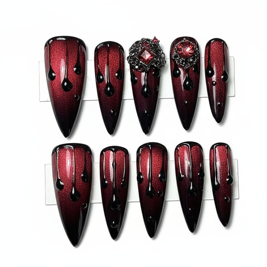 10PCS Dark Blood Red Spicy Girls Long Tip Handmade Press On Nails Red Diamonds Cat Eye Glitter Fake Nails Luxury Chains Nail Art