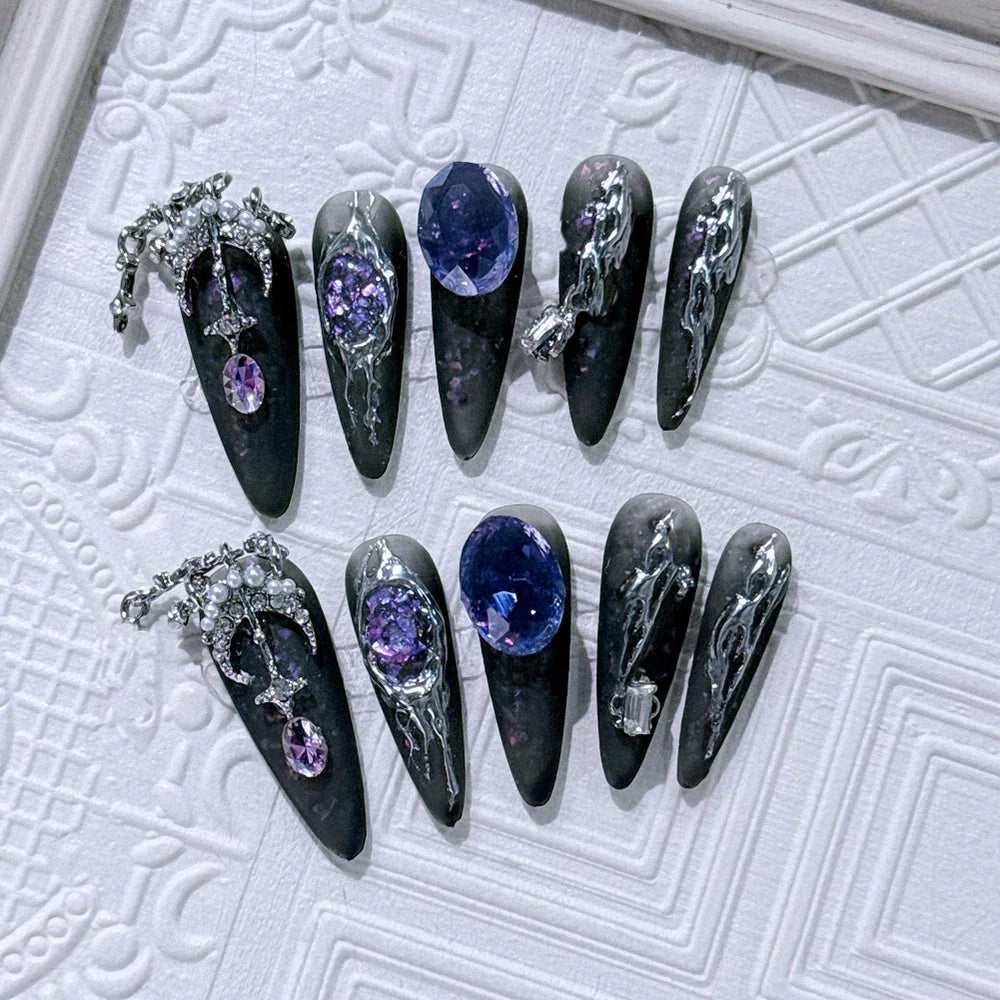 10Pcs Gothic Long Pointed Shape Pure Handmade Press On Nails Y2K Metal Chain Butterfly Knot Full Cover Fake Nails Gift Sticker