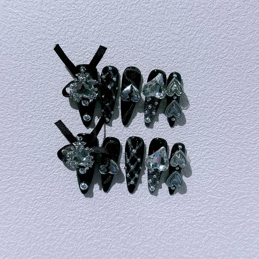 10Pcs Gothic Long Pointed Shape Pure Handmade Press On Nails Y2K Metal Chain Butterfly Knot Full Cover Fake Nails Gift Sticker