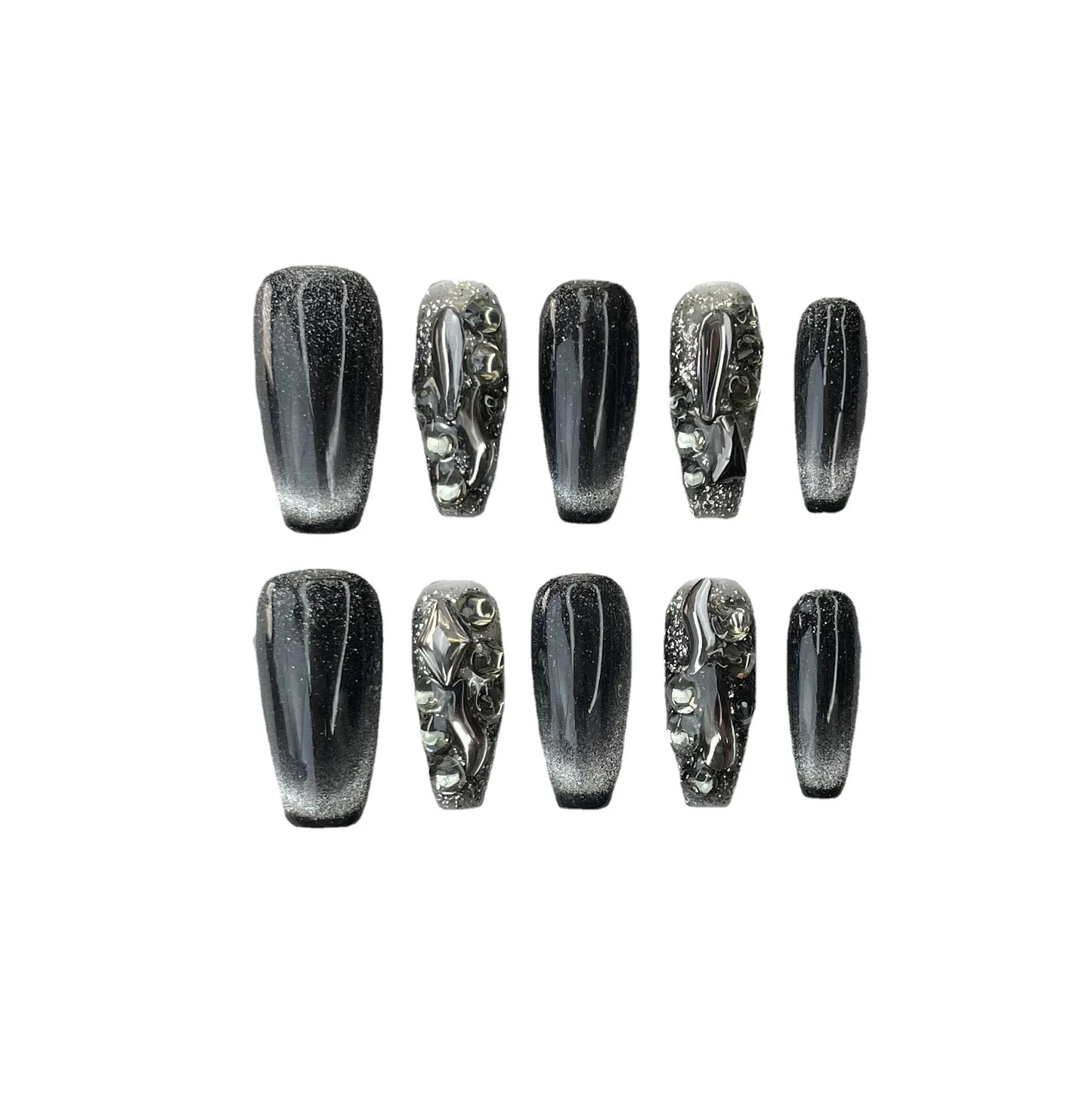 10Pcs Black Fake Handmade Nails with Rhinestone Y2K Cat's Eye French Full Cover Nail Art Tips Short Ballet Press on False Nails