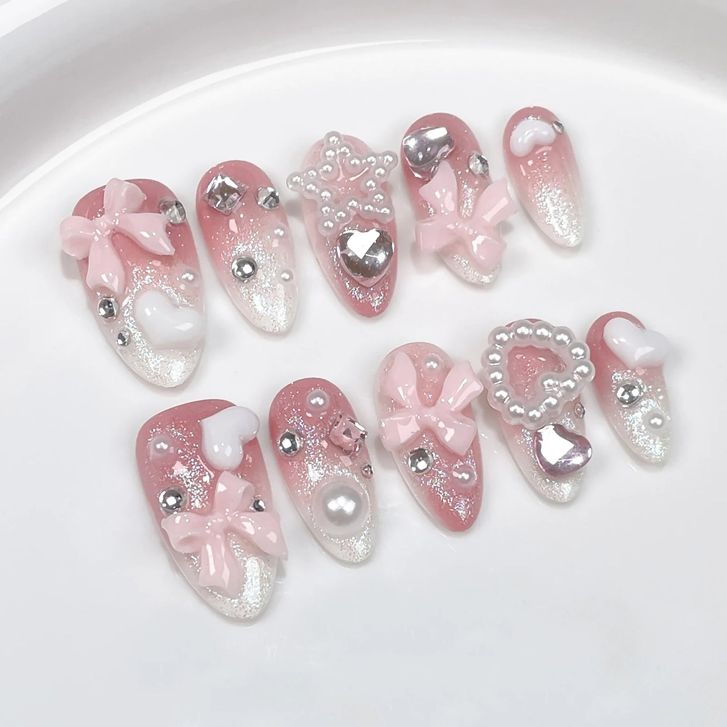 10pcs Handmade Pink Black Heart False Nails With 3D Bows Decor Y2k Press On Nails Long Ballerina Coffin Fake Nails For Hot Girl