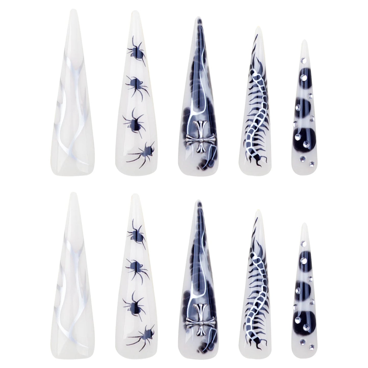 24pcs Spicy Girl Press on Nails Y2k Sliver Flame Black Spider Long Pointed False Nails European Crocodile Pattern Fake Nail Tips