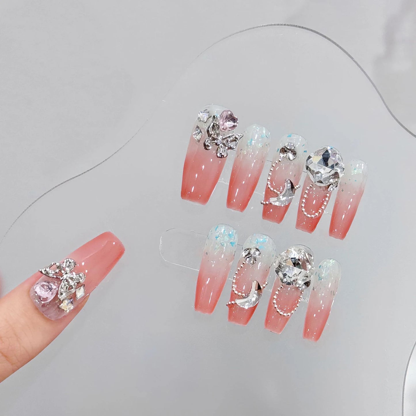 10pcs Handmade Pink Black Heart False Nails With 3D Bows Decor Y2k Press On Nails Long Ballerina Coffin Fake Nails For Hot Girl